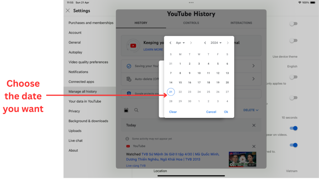 Youtube history by date sale