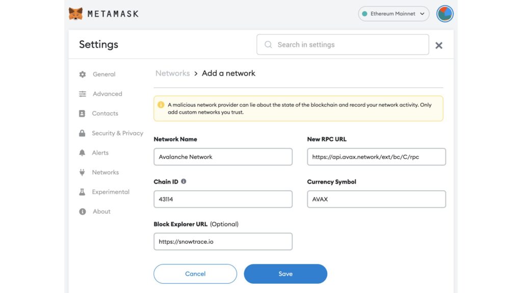 Chi tiết 3 bước thêm mạng Avalanche vào MetaMask - Bước 3