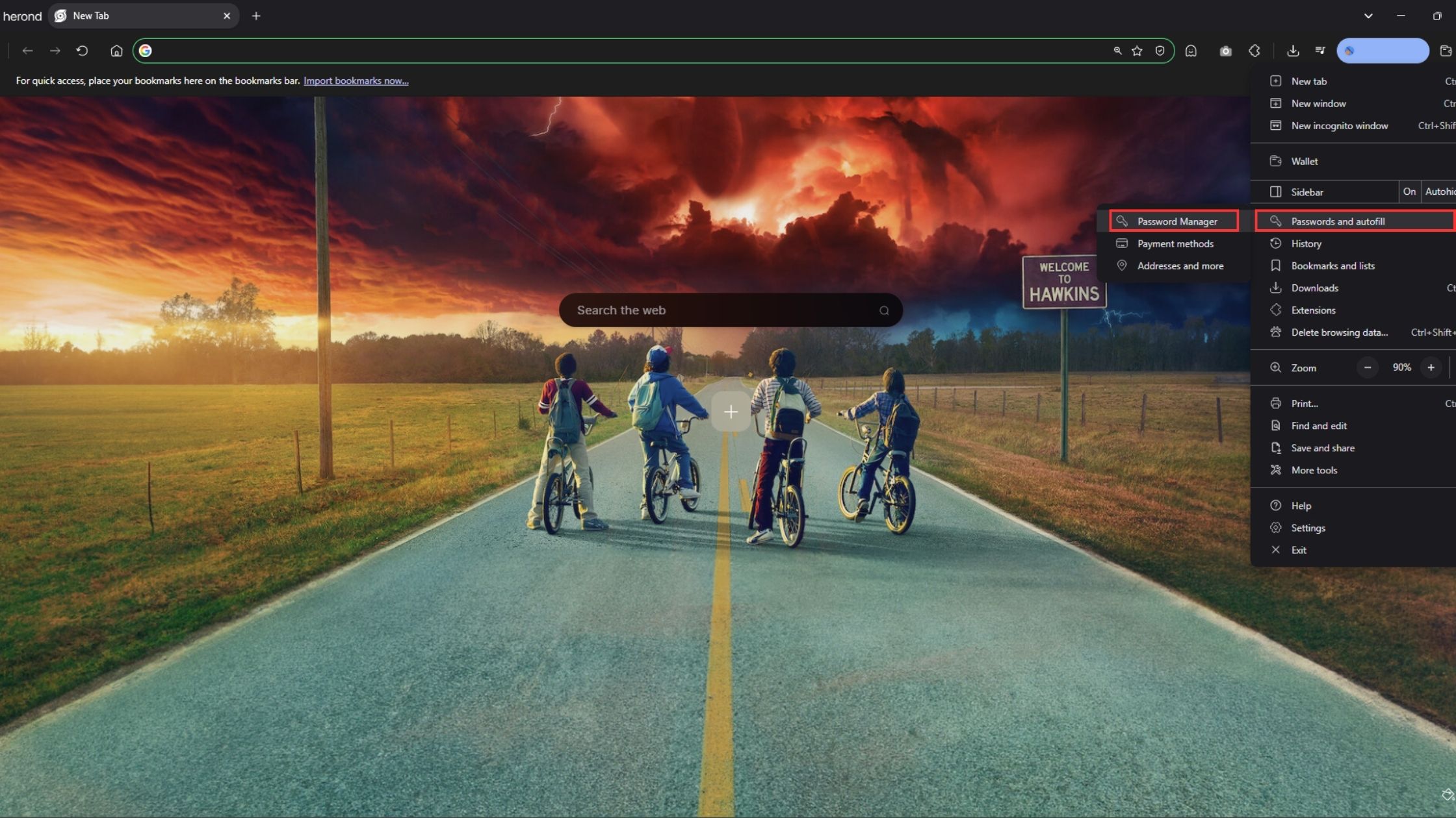 Bước 1: Bấm vào nút ba dấu gạch bên phái trên cùng, chọn Passwords and autofill, chọn Password Manager