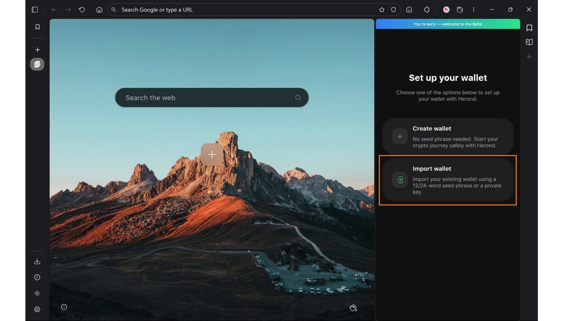 Step 2: Click the Import wallet button to begin importing your existing wallet.