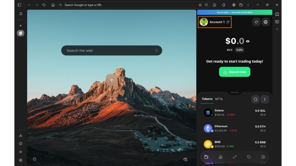 to customize your avatar and set a wallet name, start by clicking the Account section.