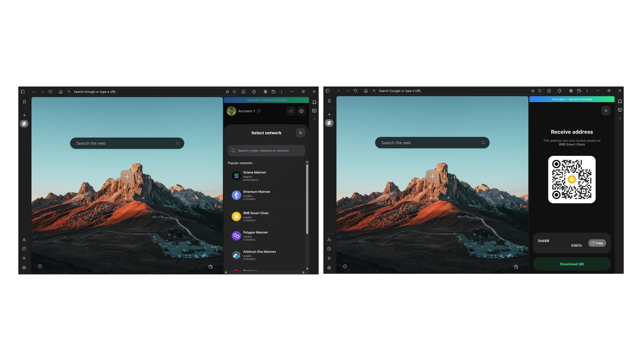 Step 3: Select the network you want to receive crypto on. Once chosen, your Herond Keyless wallet offers two easy deposit options: copy the wallet address or scan the QR code.