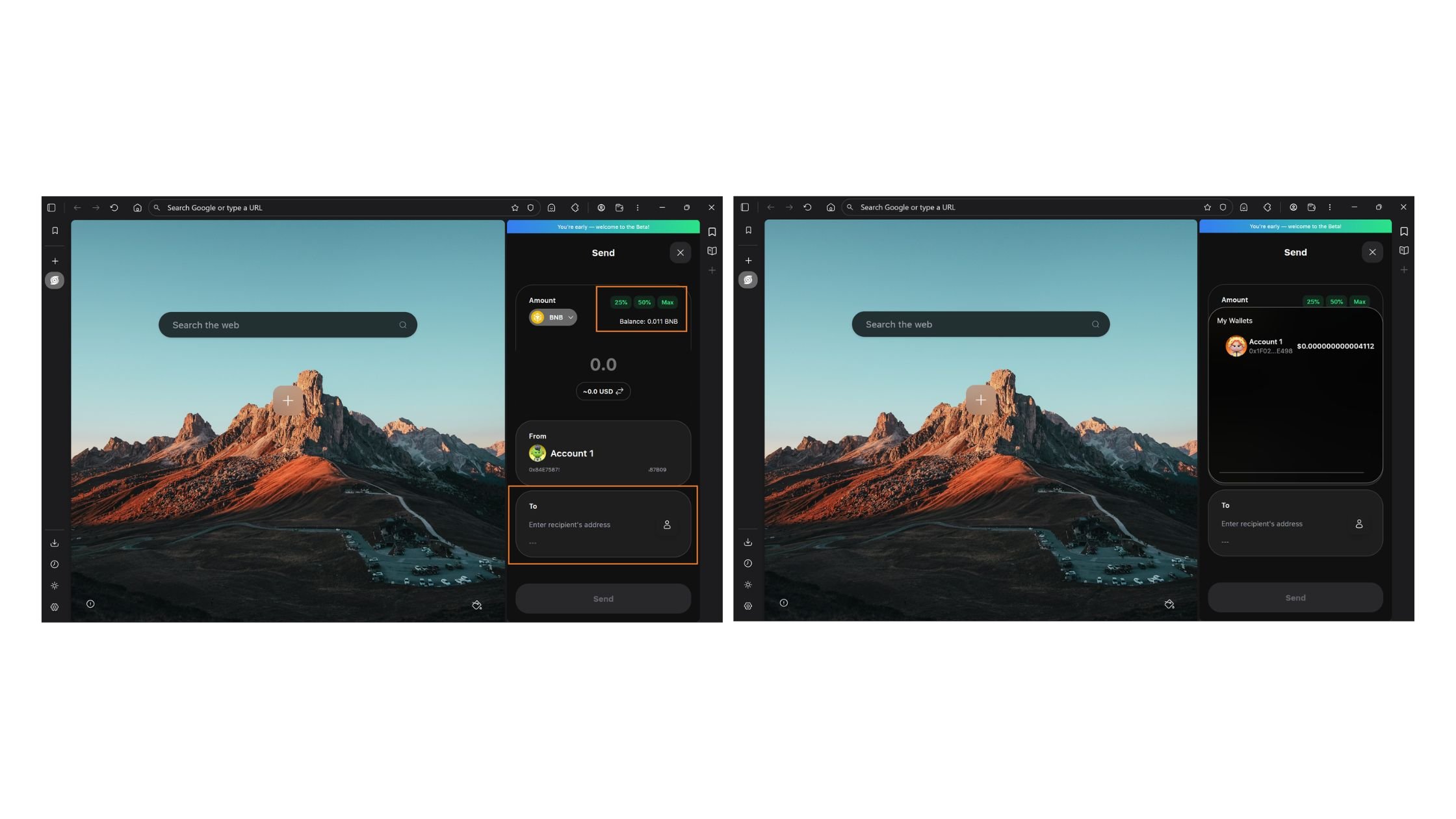 Step 3: Enter the amount you want to send, your Herond Keyless wallet offers quick presets like 25%, 50%, or Max of your balance. Then, in the To field, paste the recipient’s wallet address or select from your saved contacts for fast, error free transfers.