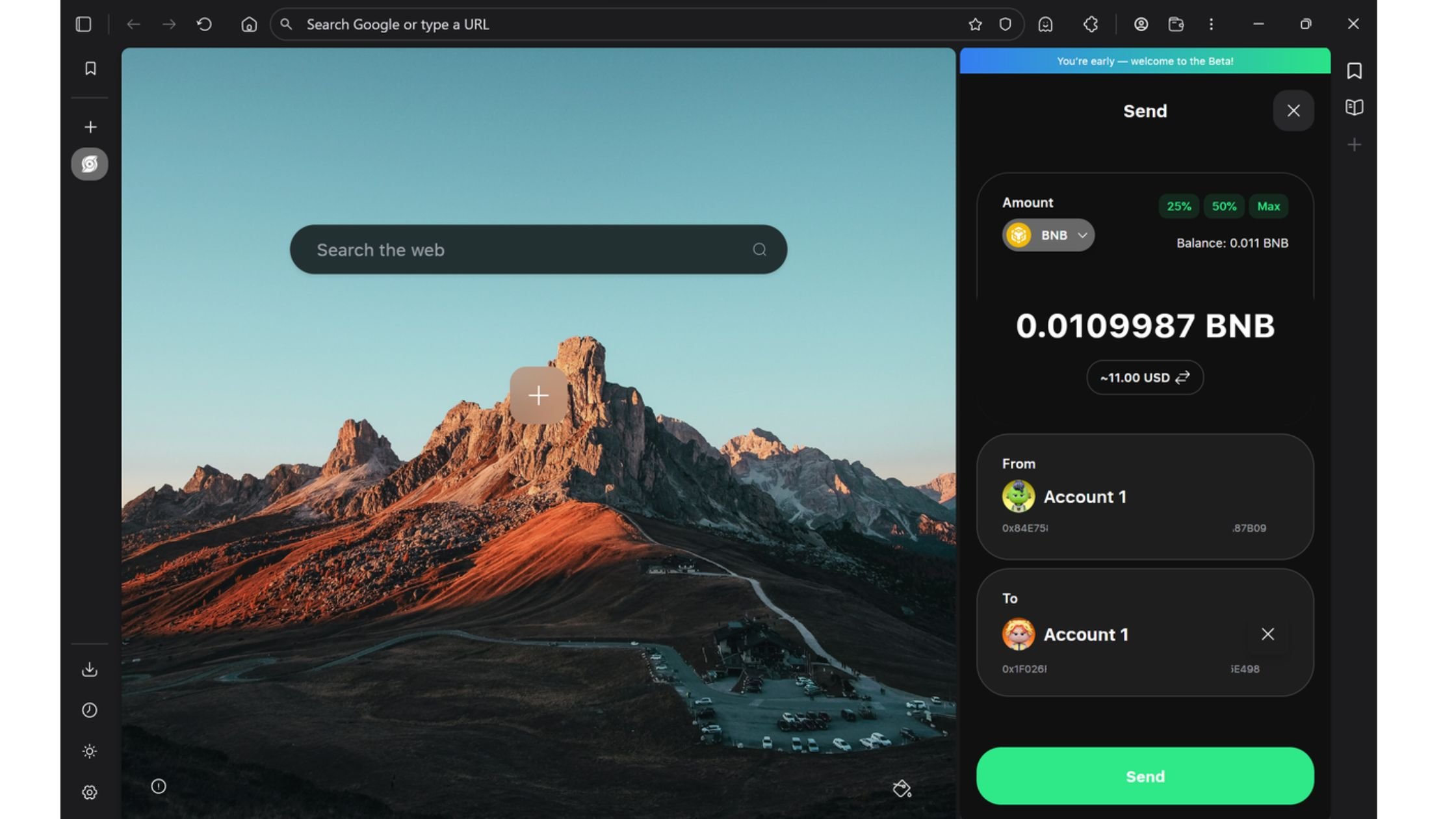 Sau khi số lượng và địa chỉ đã được thiết lập, nhấp vào Send để chuyển sang bước tiếp theo.