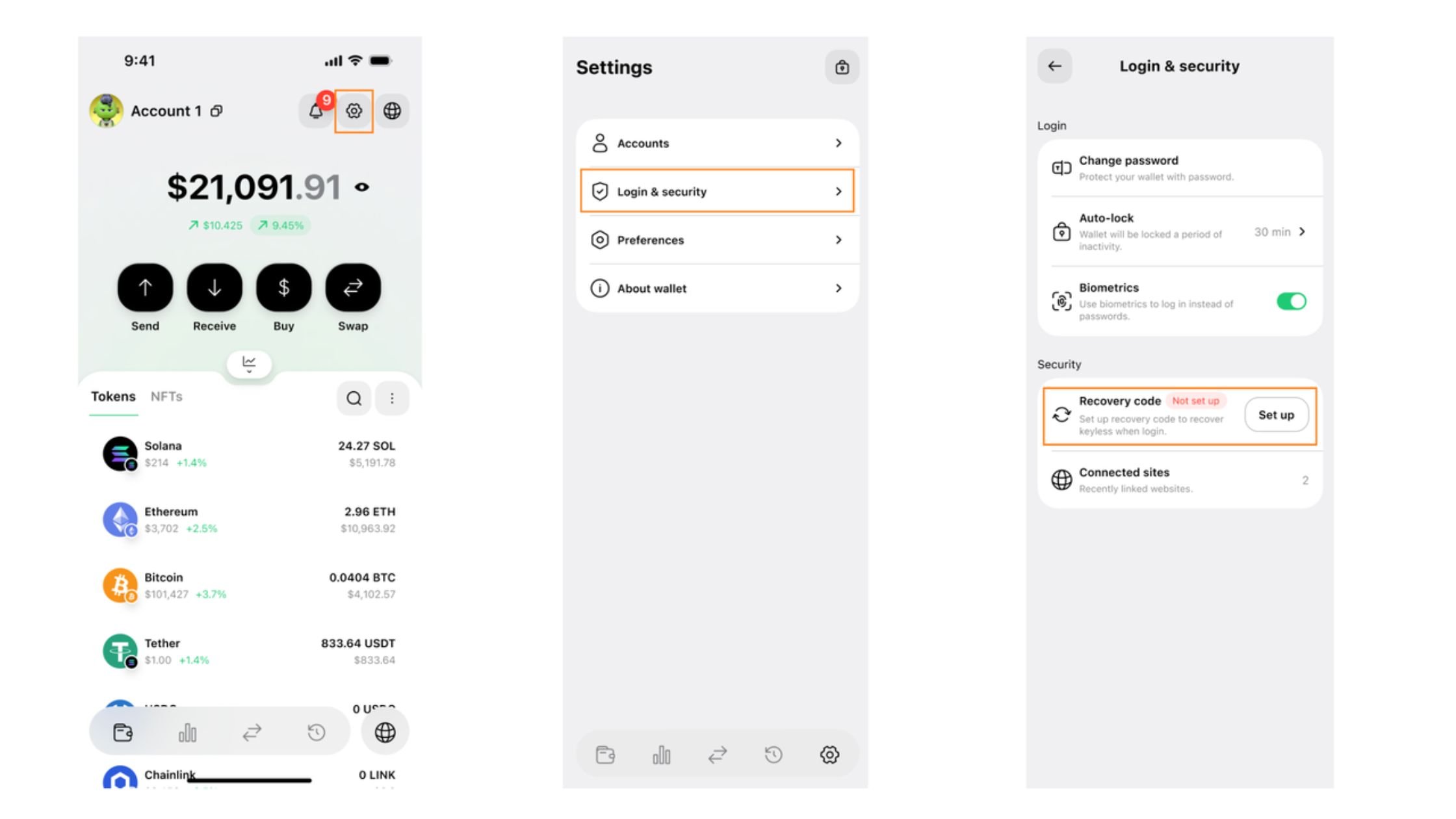 Truy cập Settings -> Login & Security -> Recovery Code, chọn Set up để bắt đầu.