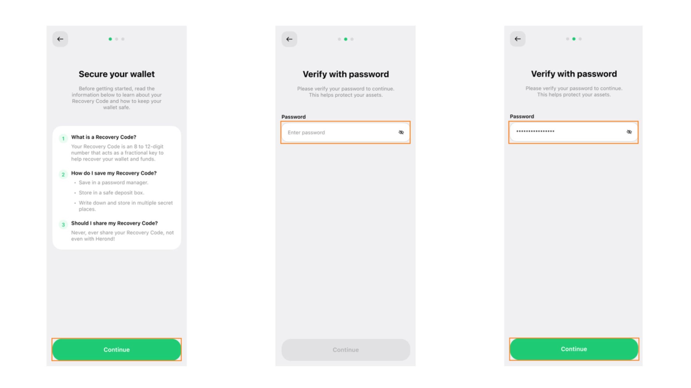 Nhập lại password ví Herond Wallet của bạn để xác nhận quyền truy cập trước khi tạo mã khôi phục.